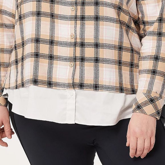 Isaac Mizrahi Live! Plus 22 Plaid Button Front Layered Shirt Neutral Tan 22W - Picture 3 of 9